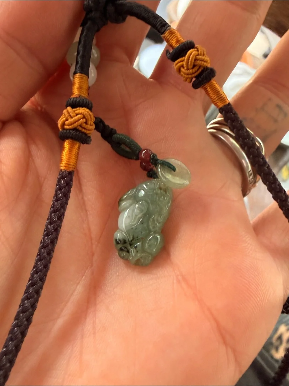 Hand-Carved Icy Jade Pendant Necklace in Green and Cream